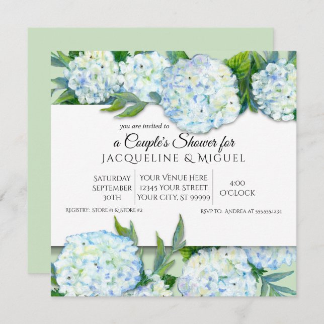 Couples Shower Mint Green n White Hydrangea Floral Invitation (Front/Back)