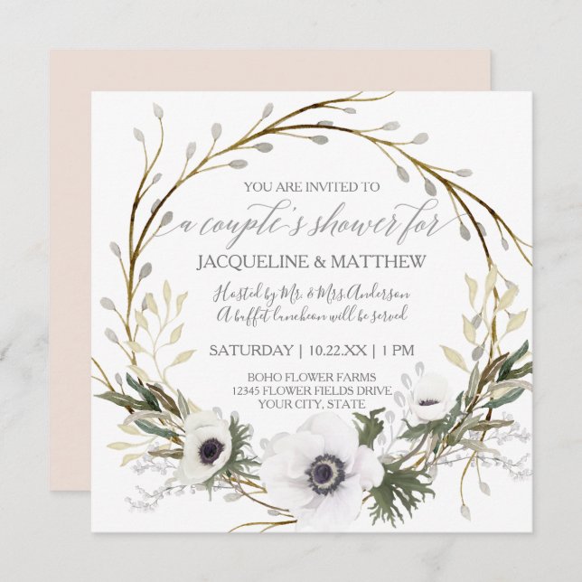 Couples Shower Modern Blush Pink Wreath Eucalyptus Invitation (Front/Back)