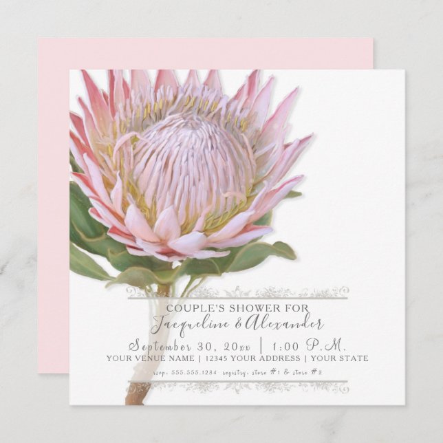 Couples Shower Modern Vintage Pink Protea Flower Invitation (Front/Back)