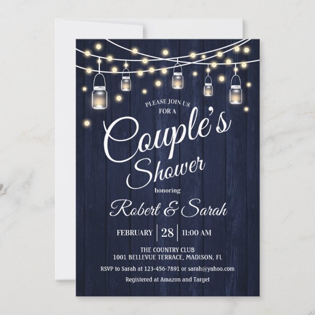 Couple's Shower - Navy Rustic Wood Invitation (Front)