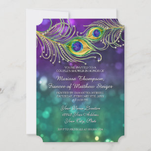 Couples Shower Peacock Feather Jewelled Feathers Invitation