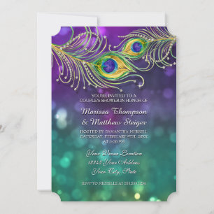 Couples Shower Peacock Feather Jewelled Feathers Invitation