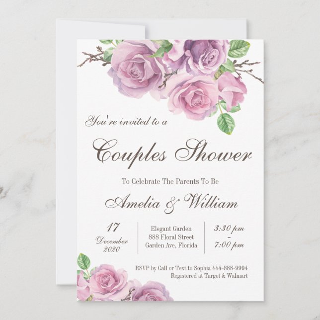 Couples Shower, Purple Flower Couples Baby Shower Invitation (Front)