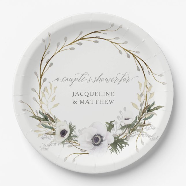 Couples Shower Rustic BOHO Wreath Anemone Wreath Paper Plate (Front)