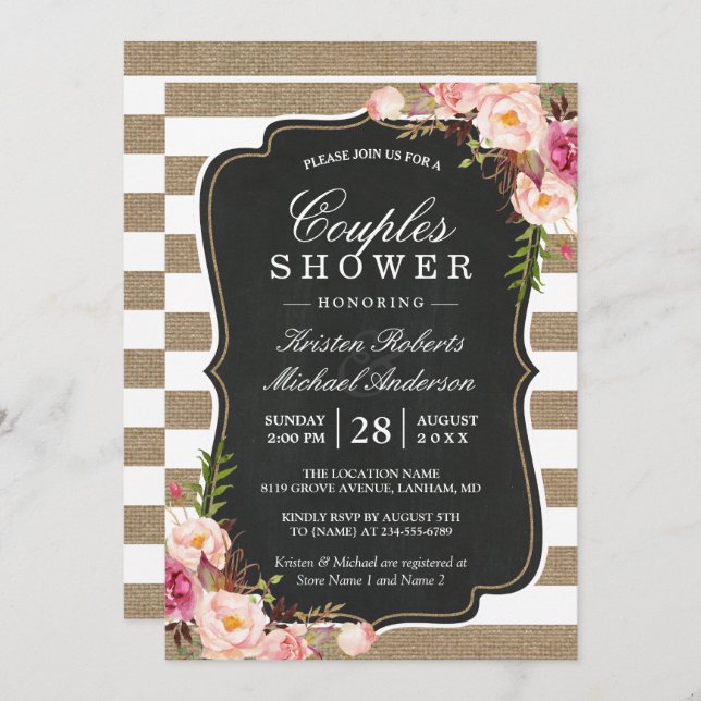 Couples Shower Rustic Chic Burlap Stripes Floral Invitation (Front/Back)