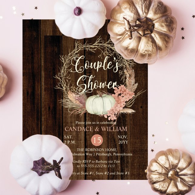 Couple's Shower - Rustic Pumpkin Pampas Wreath Invitation (Rustic White Pumpkin | Blush Pink Pampas Twig Wreath on Dark Faux Wood Couple's Shower Invitation)