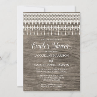 Couples Shower Rustic Wooden Board Lace Typography Invitation