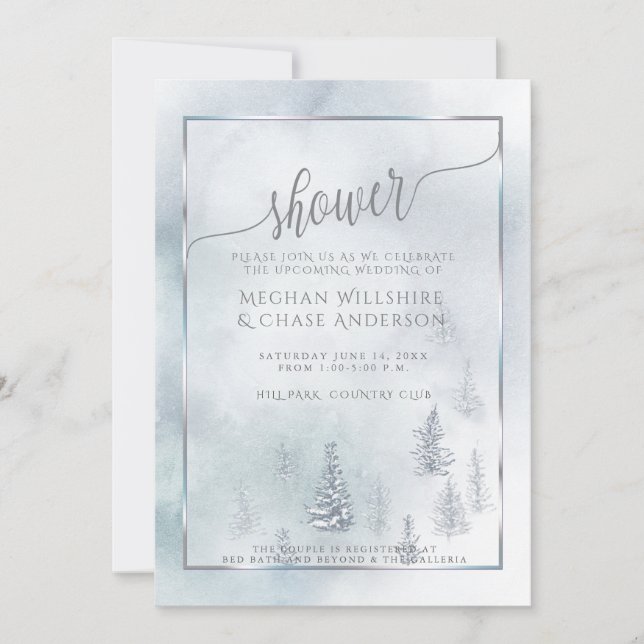 Couple's Shower | Silver Blue Winter Wonderland Announcement (Front)