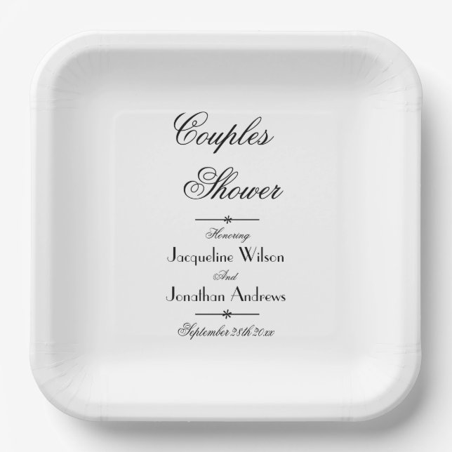 Couples Shower Simple Elegant Script Names Paper Plate (Front)