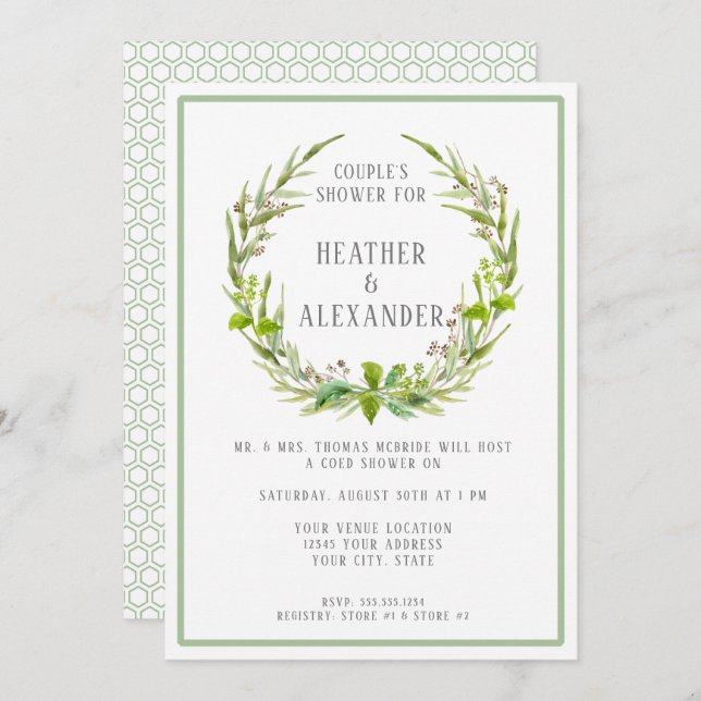 Couples Shower Simple Watercolor Leaf Foliage Art Invitation (Front/Back)