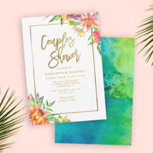 Couples Shower   Tropical Watercolor Gold Script Invitation