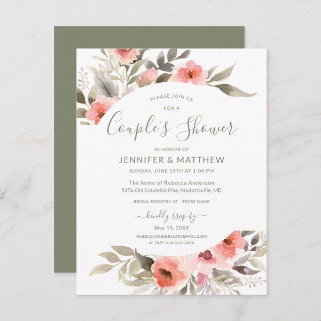 Couple's Shower Watercolor Blush Rose Wreath Invitation (Front/Back)