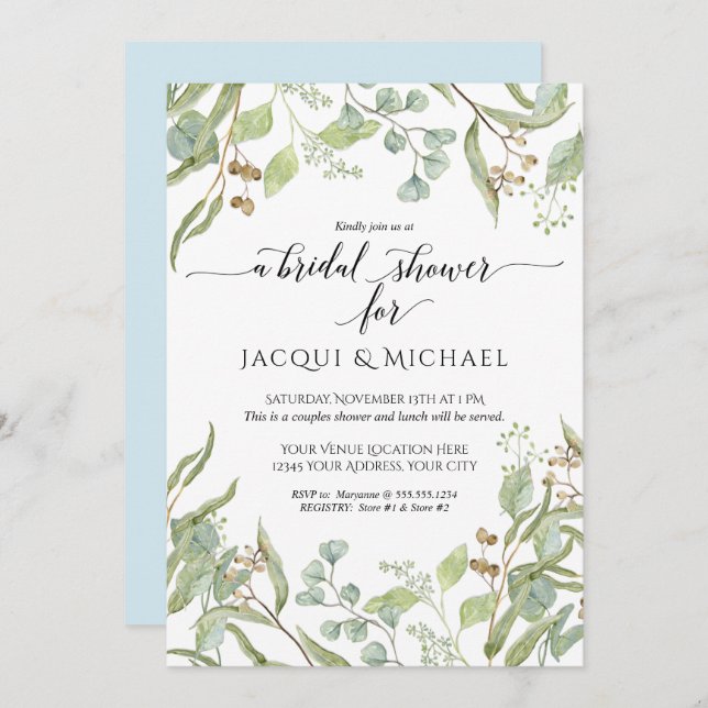 Couples Shower Watercolor Eucalyptus Leaf Foliage Invitation (Front/Back)