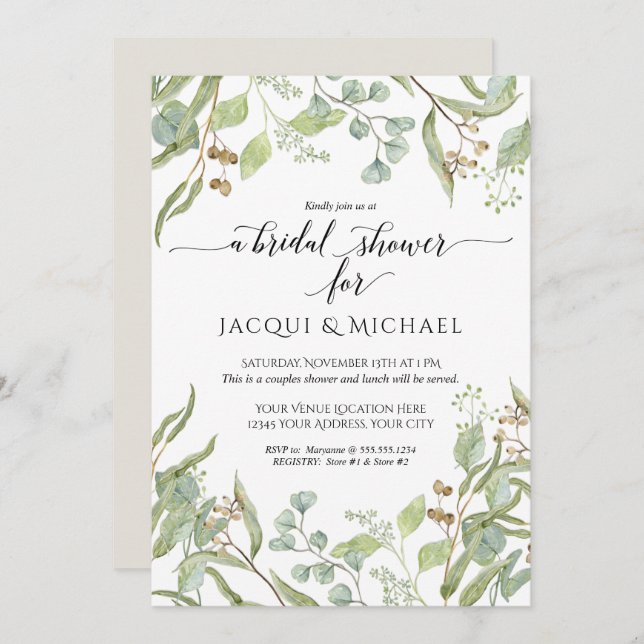 Couples Shower Watercolor Eucalyptus Leaf Foliage Invitation (Front/Back)