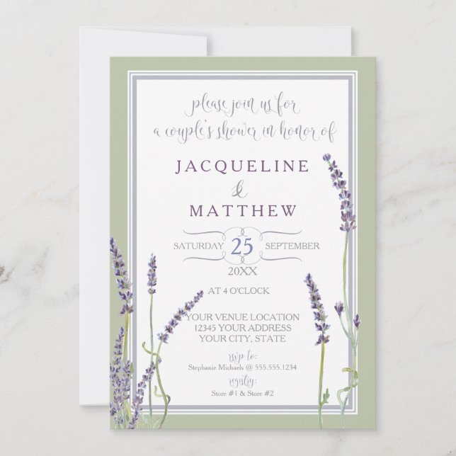 Couples Shower Watercolor Lavender Flowers Script Invitation (Front)
