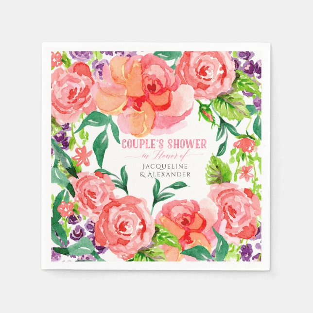 Couples Shower Watercolor Modern Pink Floral Roses Napkin (Front)