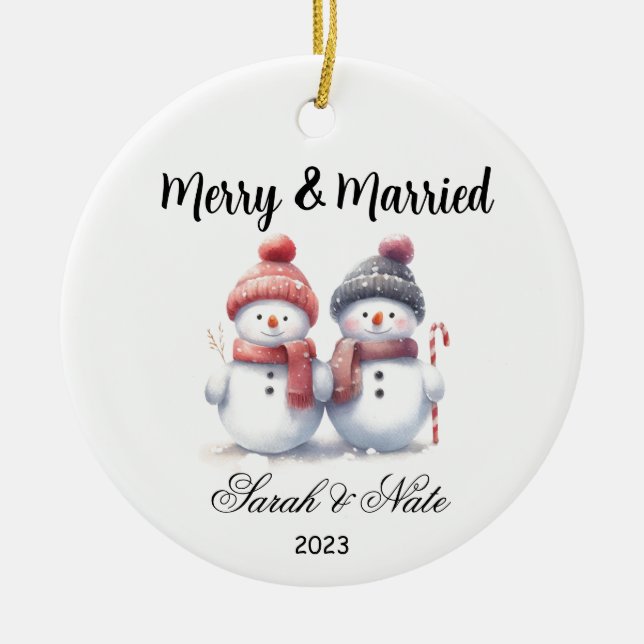 Couples Snowman Merry & Married Wedding Ceramic Tree Decoration (Front)