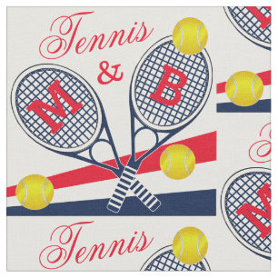 Couples Tennis Rackets and Balls Monogram Stripes Fabric