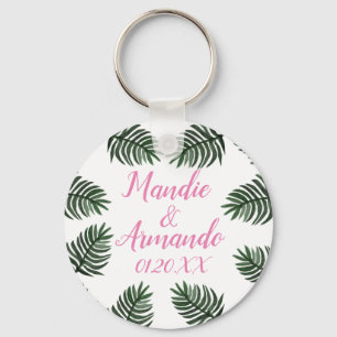 Couples Tropical Greenery Wedding Date Key Ring