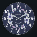 Couples Wedding Anniversary Romantic Floral Wreath Large Clock<br><div class="desc">Beautiful floral wreath with romantic watercolor flowers on a deep blue background. Perfect wedding or anniversary gift. Customise with the names of the bride and groom and the wedding date to make this a cherished keepsake they will love to have hanging on their wall. Great design from TLS Designs.</div>