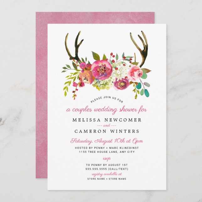 Couples Wedding Shower, pink floral antlers invite (Front/Back)
