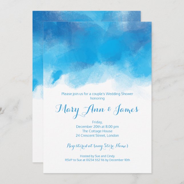 Couple's Wedding Shower Summer Blue Watercolor Invitation (Front/Back)