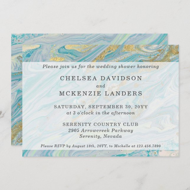Couples' Wedding Shower Turquoise & Gold Marble Invitation (Front/Back)
