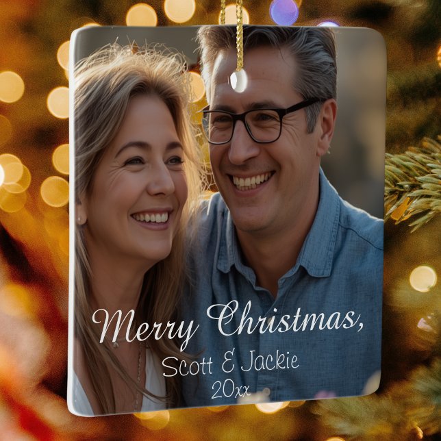 Couples White Calligraphy Photo Personalise Ceramic Ornament (Creator Uploaded)