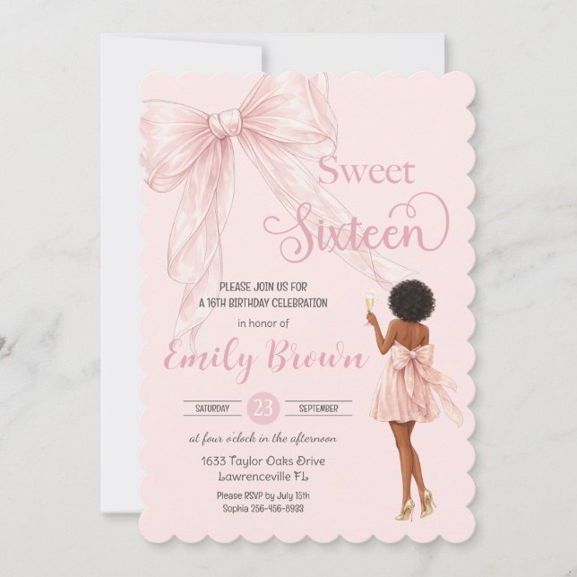 Couquette Blush Bow Brown Fashion Girl Sweet 16 Invitation (Front)