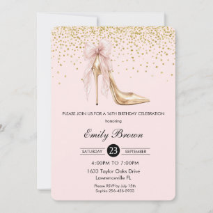 Couquette Blush Ribbon Bow Fashion Heel Sweet 16 Invitation