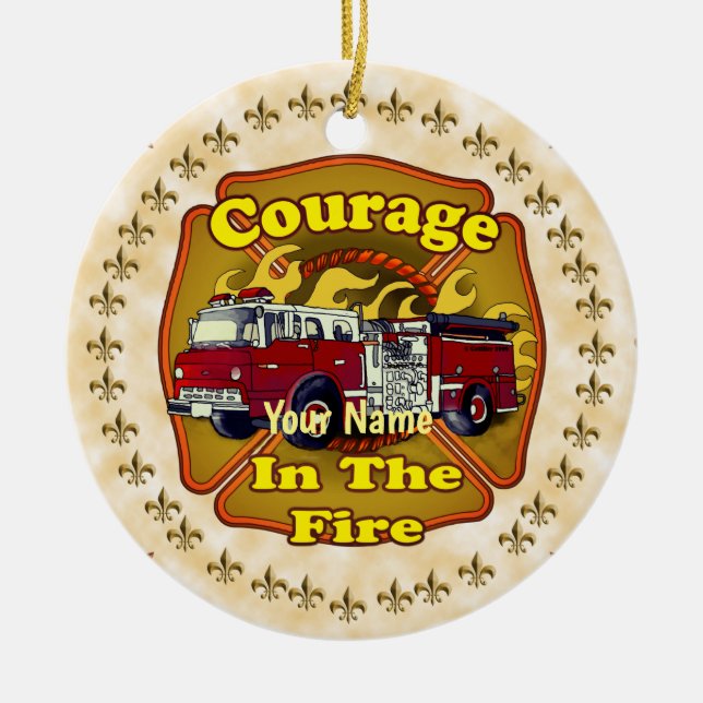 Courage Firefighter Firetruck  Ceramic Tree Decoration (Front)