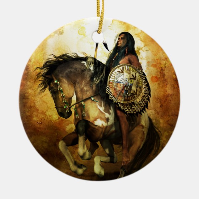 Courage Native American Warrior Ceramic Tree Decoration (Front)