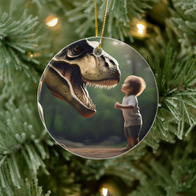 **"Courage Unleashed: A Small Boy Faces the T-Rex" Ceramic Tree Decoration (Tree)