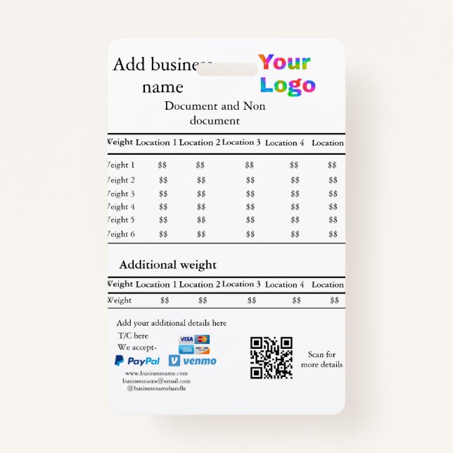 Courier delivery company details add price weight  ID badge (Front)