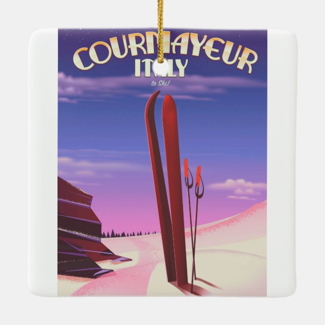 Courmayeur Italian ski poster Ceramic Tree Decoration (Back)