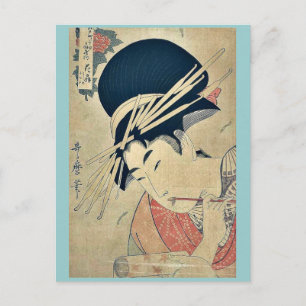 Courtesan chewing on the brush by Kitagawa,Utamaro Postcard