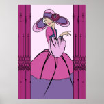 COURTNEY, ART DECO: Parisian Plum Poster<br><div class="desc">Courtney is a beautifully detailed remake of an old greeting card. She has been lovingly redrawn with new details and improved lines. She wears a full-skirted, multi-coloured dress with puffy sleeves and a matching hat with wide brim. The hat features a stylised flower with a fabulous bit of Art Deco...</div>