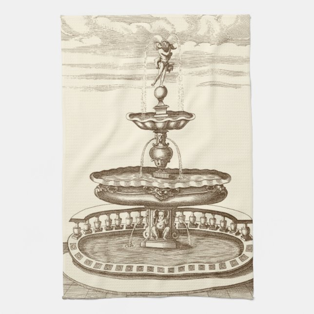 Courtyard Fountain with Ornamental Cherub Tea Towel (Vertical)