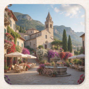 Courtyard of an Italian village with a church Square Paper Coaster