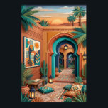 Courtyard Sunset Art - Boho Turquoise Arches Palm  Poster<br><div class="desc">Courtyard sunset with turquoise arches,  terracotta walls,  palm trees,  geometric wall art,  lanterns,  cactus plants,  woven cushions,  and patterned rugs. Exotic boho riads vibe under orange sunset glow. Perfect for boho living room,  bedroom,  global decor—high-res digital art print.

Transform your space with authentic courtyard sunset luxury.</div>