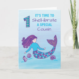 Cousin 1st Birthday Sparkly Look Mermaid Card