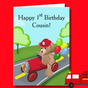 Cousin 1st Birthday Teddy Bear Firetruck Card
