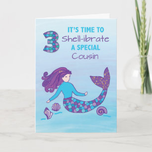 Cousin 3rd Birthday Sparkly Look Mermaid Card