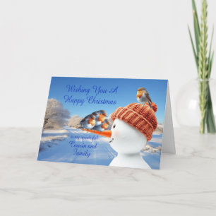 Cousin and Family Robins and Snowman Christmas Holiday Card