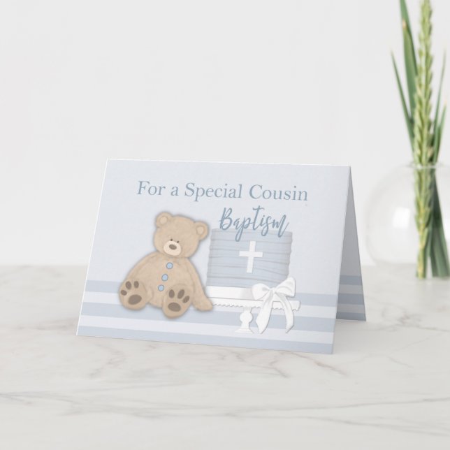 Cousin Blue Baptism Cake Teddy Bear Card (Front)