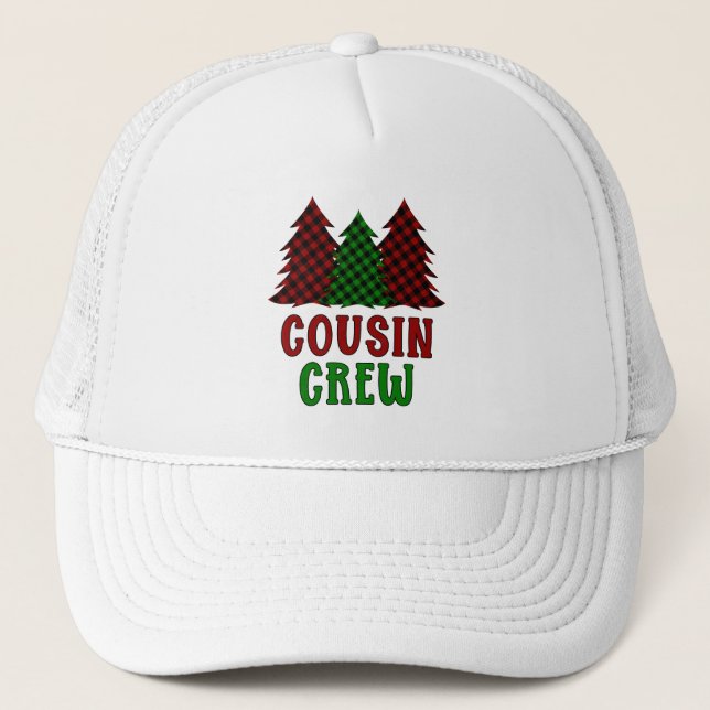 Cousin Crew Buffalo Plaid Christmas Tree Trucker Hat (Front)