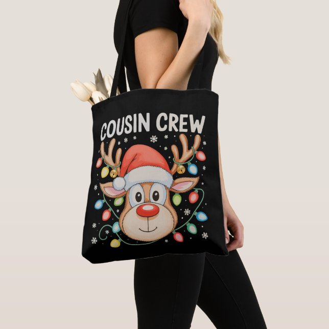 Cousin Crew Reindeer Christmas Xmas Lights Holiday Tote Bag (Close Up)