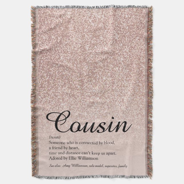 Cousin Definition Script Rose Gold Glitter Throw Blanket (Front Vertical)