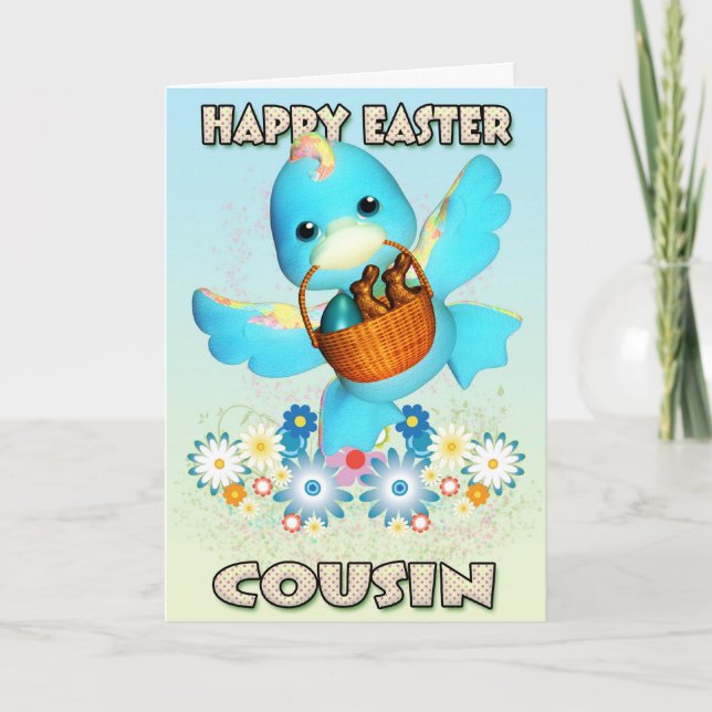 Cousin Easter Card - Cute Duck With Basket Of Trea (Front)