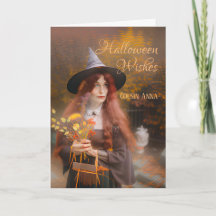 Cousin Halloween Wishes Witch and Autumn Bouquet